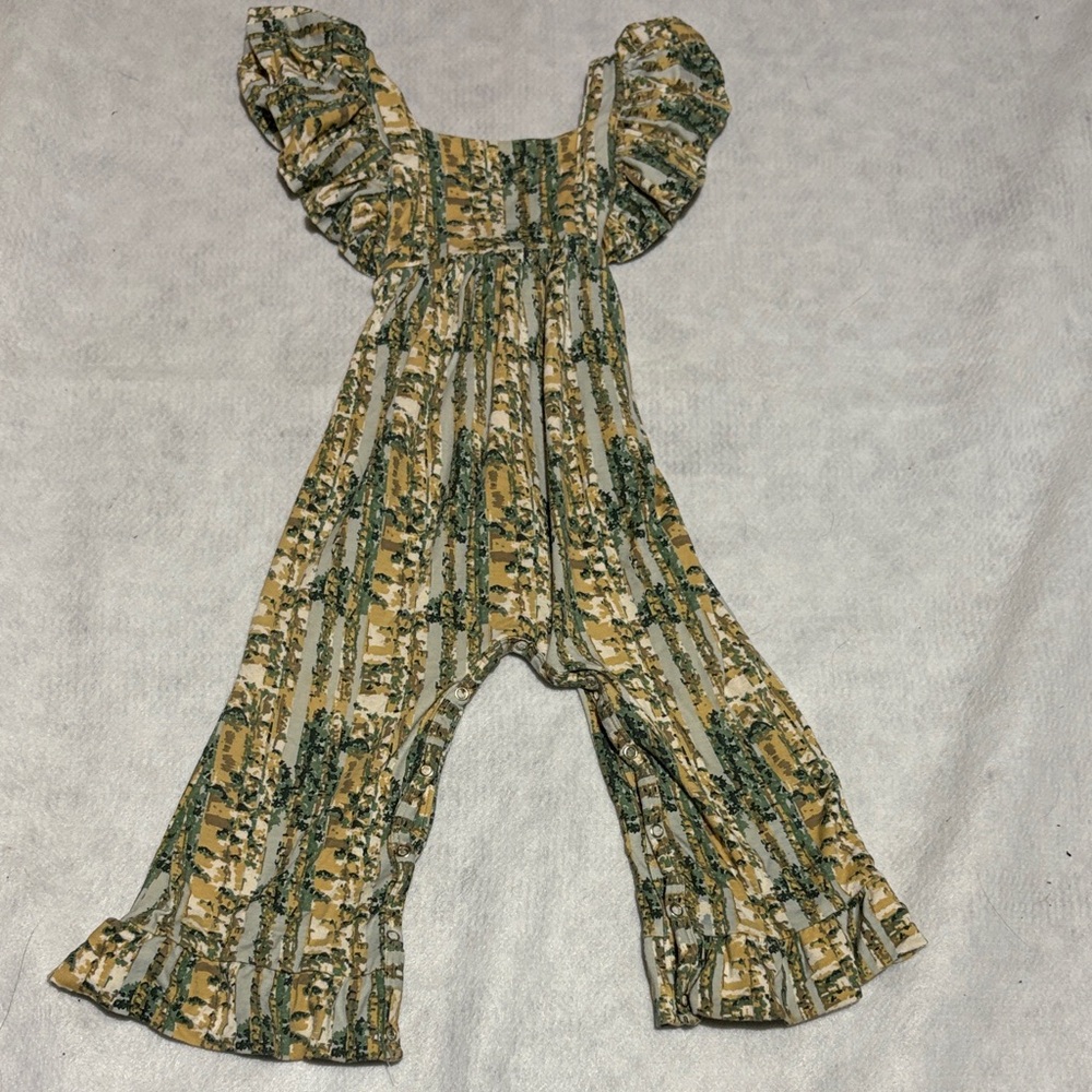 Kate Quinn Green and Tan Ruffle Sleeve Kids One Piece